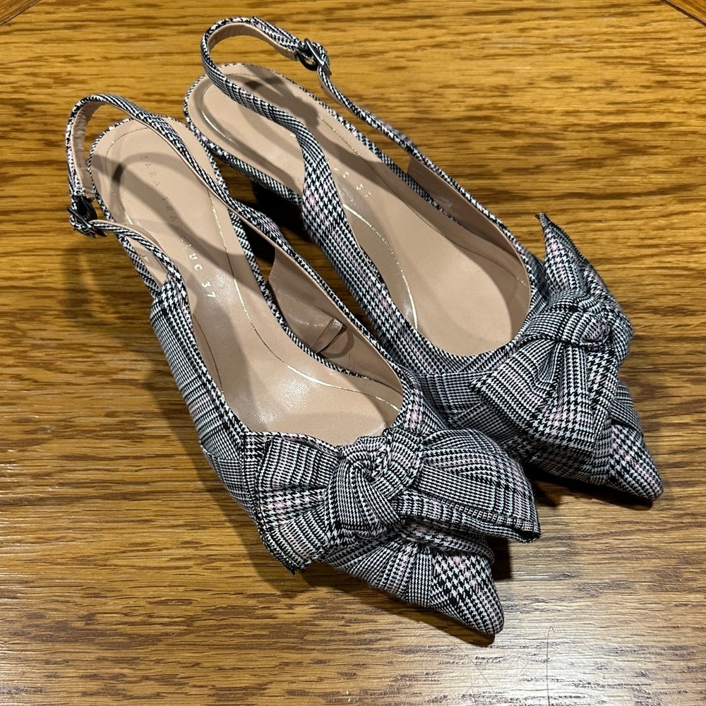 *ZARA* Trafaluc Black x White Plaid Slingback Kitten Heels Size 37